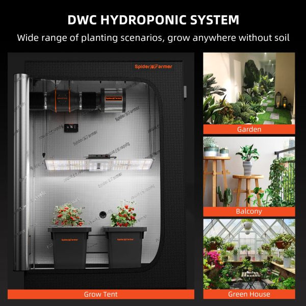 Spider Farmer DWC -hydroponinen kasvatusjärjestelmä tippukastelulla – 2 × 7 gallonan (n. 26,5 l) säiliötä